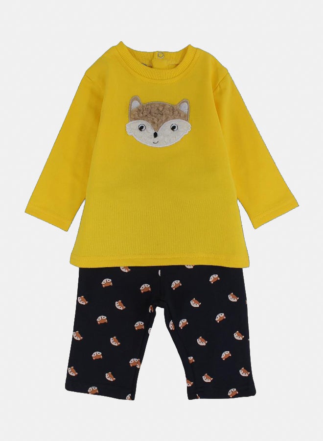 بمبيلو طقم قطعتين قطني للاولاد الصغار الصغار – أصفر/كحلي مع تصميم ثعلب - Image 1