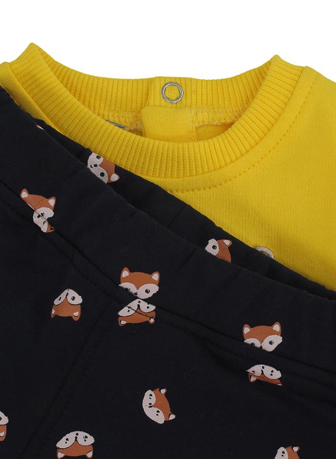 بمبيلو طقم قطعتين قطني للاولاد الصغار الصغار – أصفر/كحلي مع تصميم ثعلب - Image 3