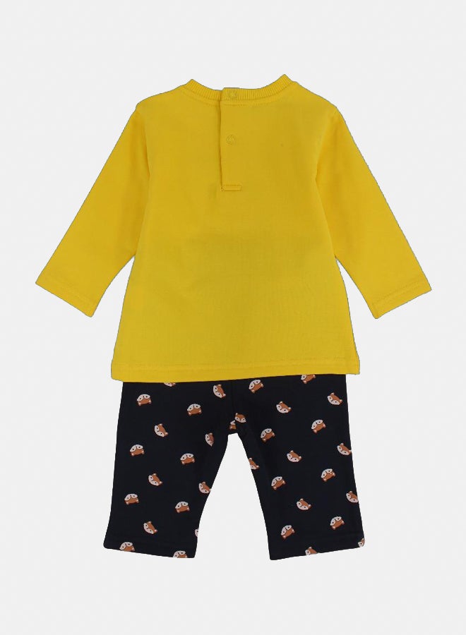 بمبيلو طقم قطعتين قطني للاولاد الصغار الصغار – أصفر/كحلي مع تصميم ثعلب - Image 2