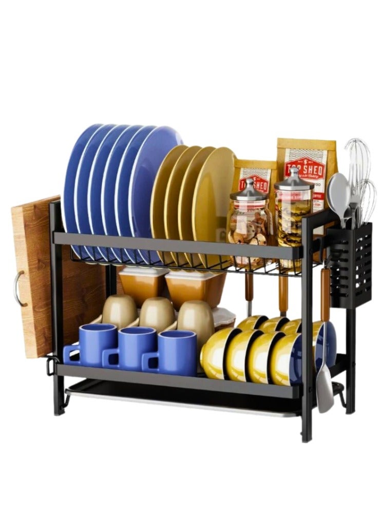 Stainless steel kitchen rack with 2 drying and carrying racks for dishes and utensils, with side holders and hangers for forks, knives and cutting boards+ - Image 1