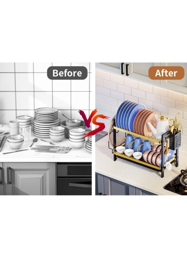 Stainless steel kitchen rack with 2 drying and carrying racks for dishes and utensils, with side holders and hangers for forks, knives and cutting boards+ - Image 4