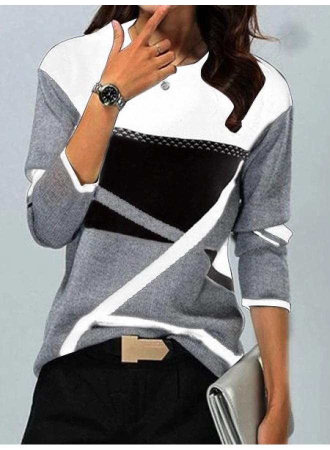 202 Women's Clothing Supports Various Platforms New Contrast Color Positioning Printing Round Neck Long Sleeve T-shirt Spot