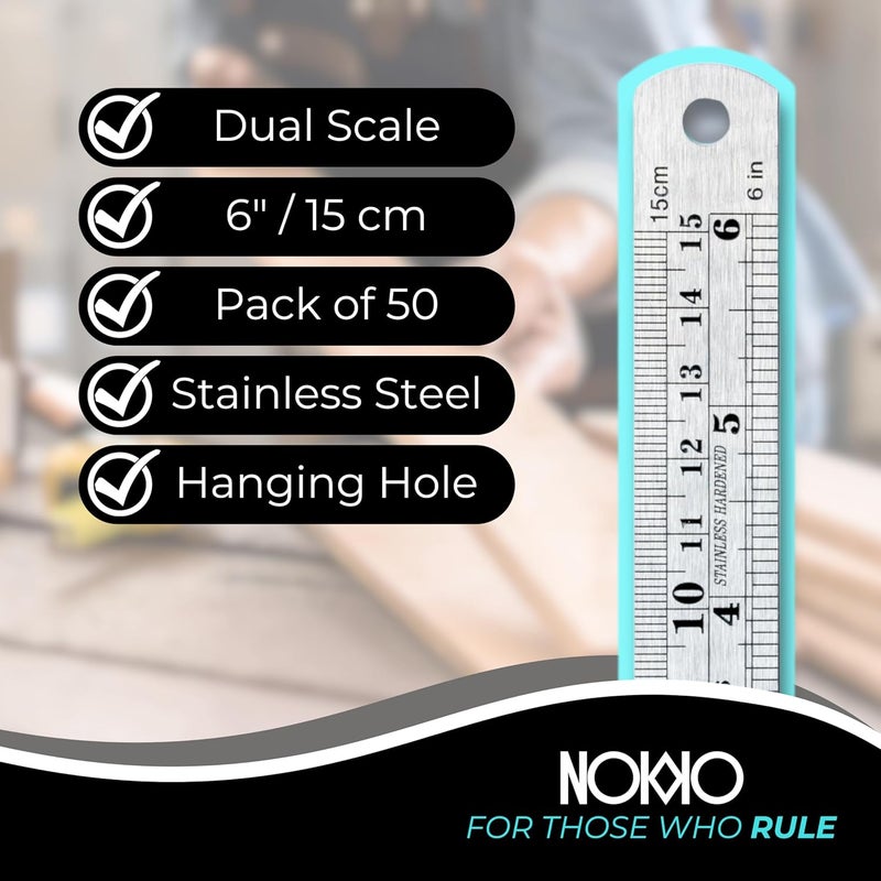 NOKKO 6 Inch Metal Ruler Bulk Set - 50-Pack of Compact 6-Inch / 15cm Stainless Steel Rulers - Precise Edge-Starting Imperial & Metric Measurements - Essential for Classrooms, Workshops, and Offices - Image 2