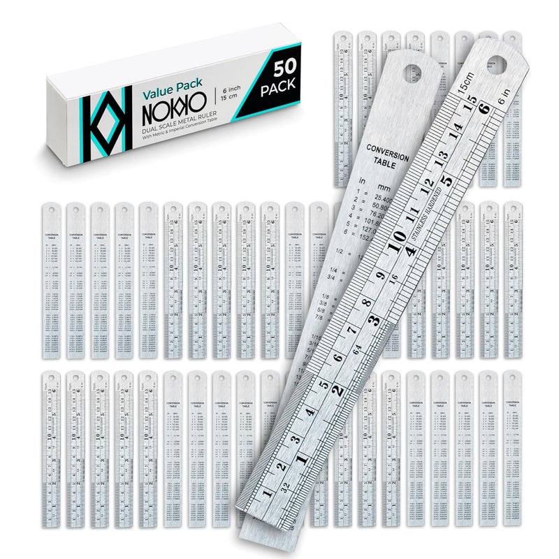 NOKKO 6 Inch Metal Ruler Bulk Set - 50-Pack of Compact 6-Inch / 15cm Stainless Steel Rulers - Precise Edge-Starting Imperial & Metric Measurements - Essential for Classrooms, Workshops, and Offices - Image 1