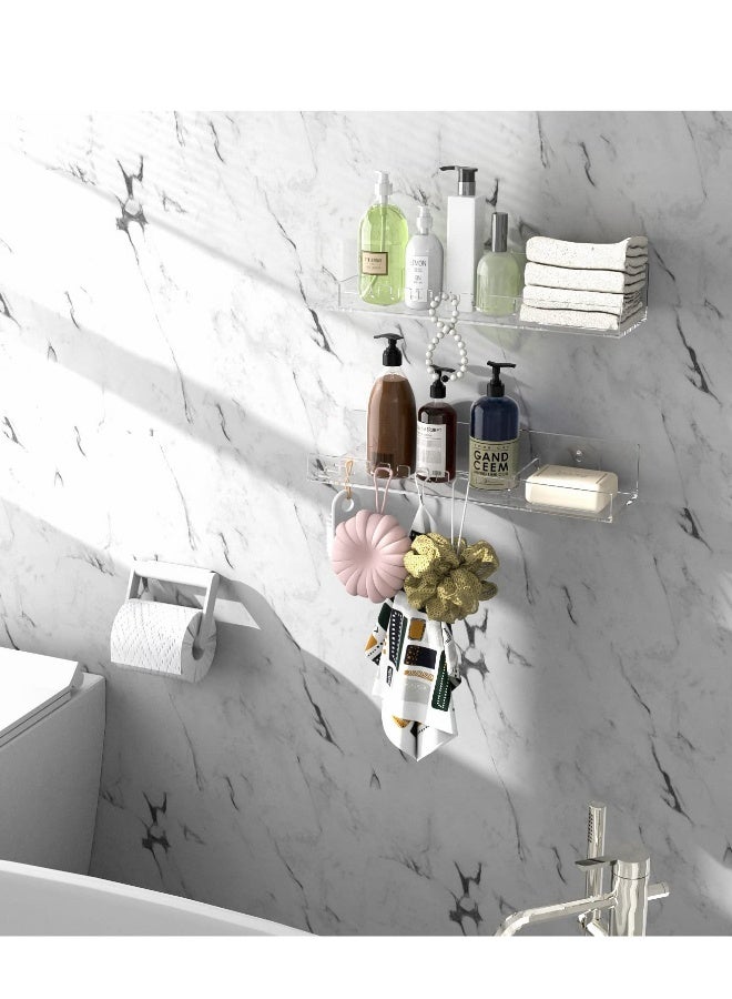 No Drill Wall Mounted Shower Organizer Set, 2 Floating Shelves with Hooks for Bathroom Storage, Acrylic Adhesive Design - Image 4