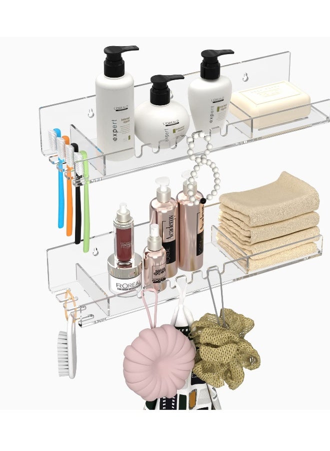 No Drill Wall Mounted Shower Organizer Set, 2 Floating Shelves with Hooks for Bathroom Storage, Acrylic Adhesive Design - Image 3