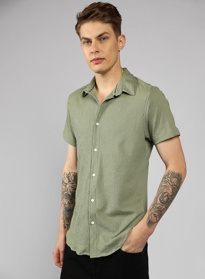 Dennis Lingo Regular Fit Green Popcorn Shirt Spread Collar - Image 5