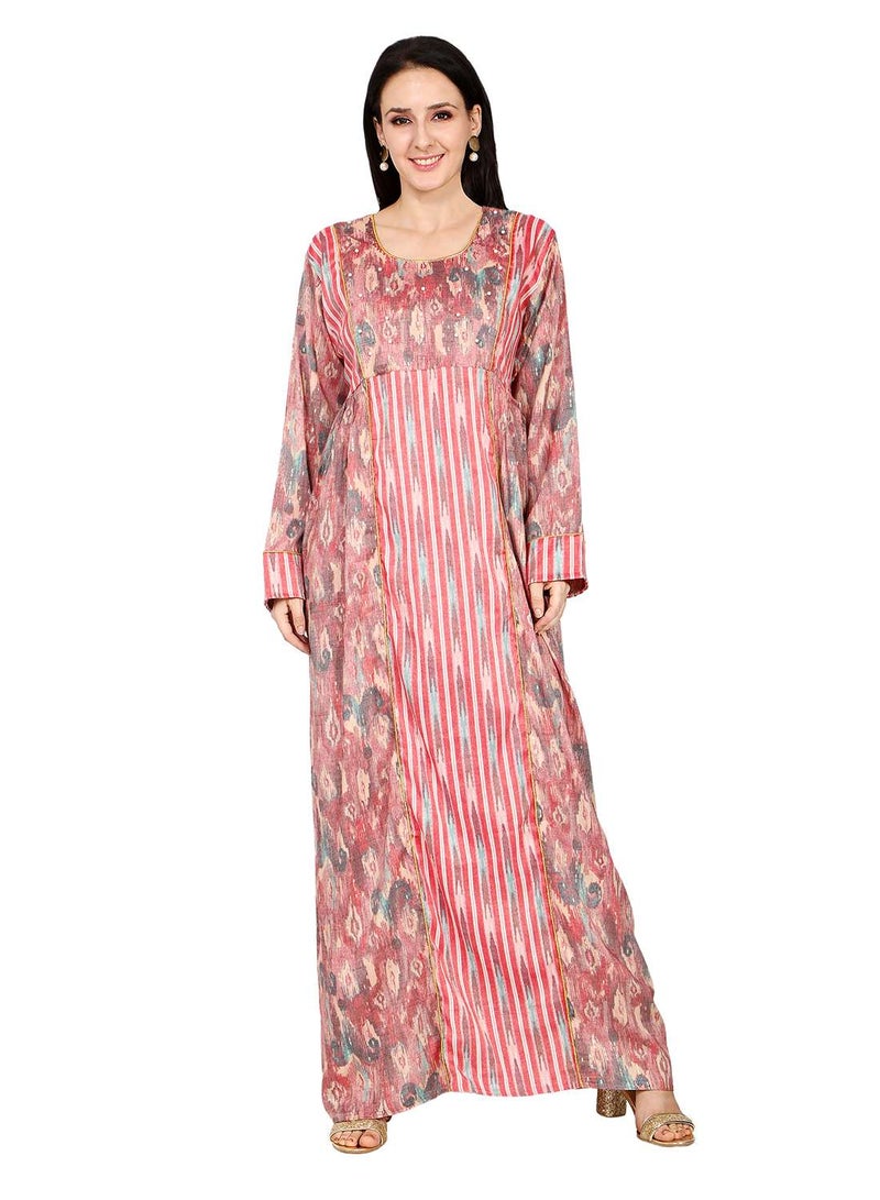 HANA & SARA ELEGANT UNIQUE PRINTED LONG SLEEVE STYLISH ARABIC KAFTAN JALABIYA DRESS - Image 1