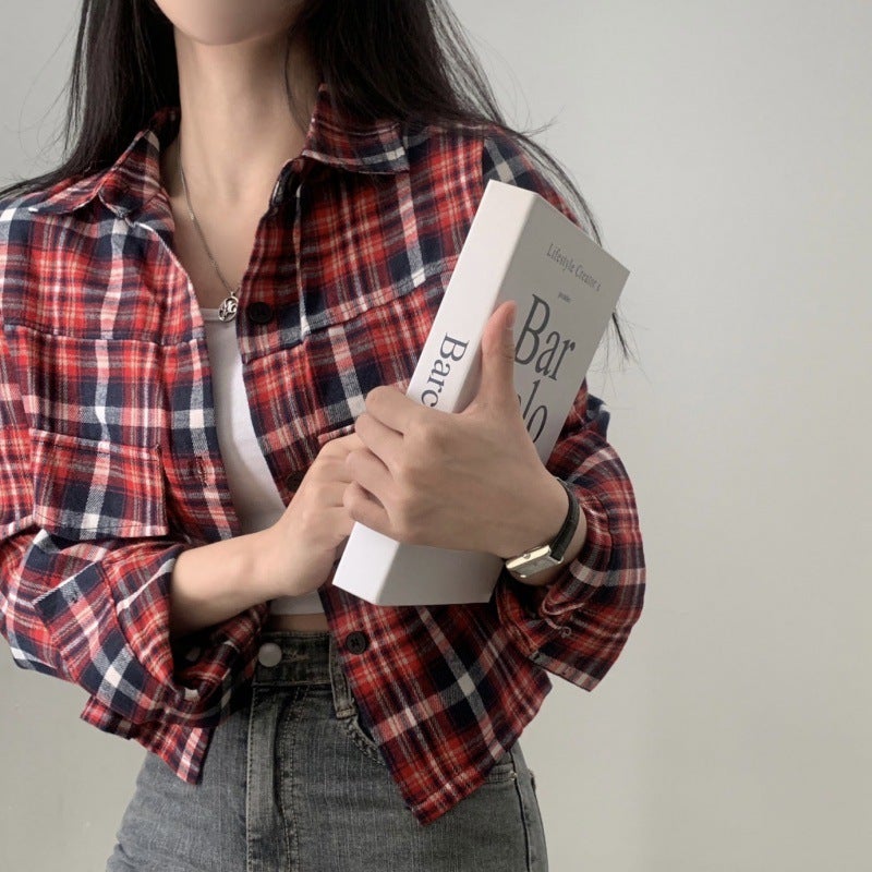 South Korea chic autumn French style retro long sleeve brushed plaid shirt Womens loose casual short shirt coat fashion Charcoal Gray - Image 2