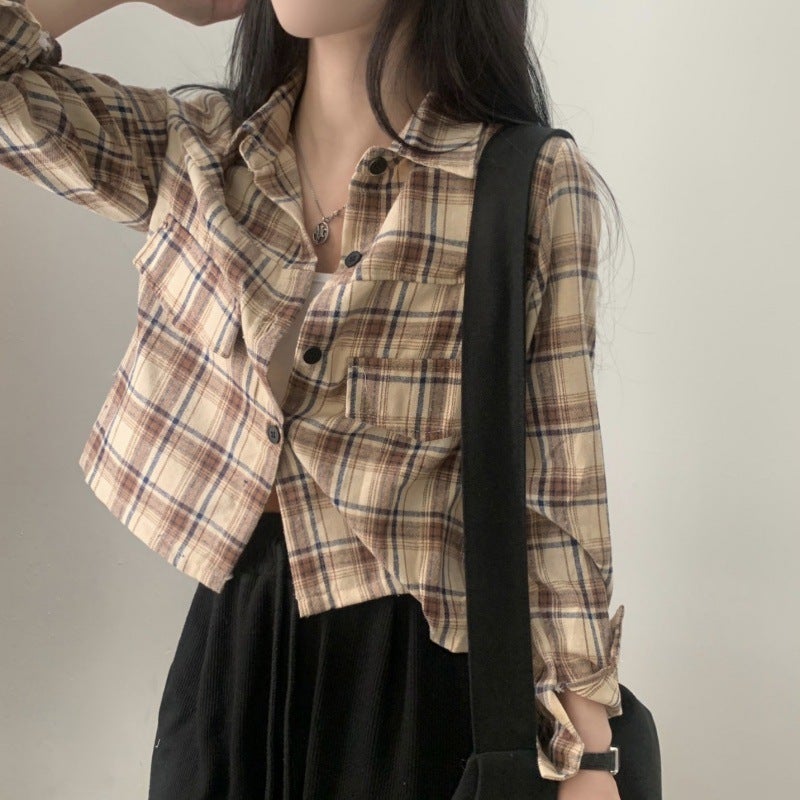 South Korea chic autumn French style retro long sleeve brushed plaid shirt Womens loose casual short shirt coat fashion Charcoal Gray - Image 3