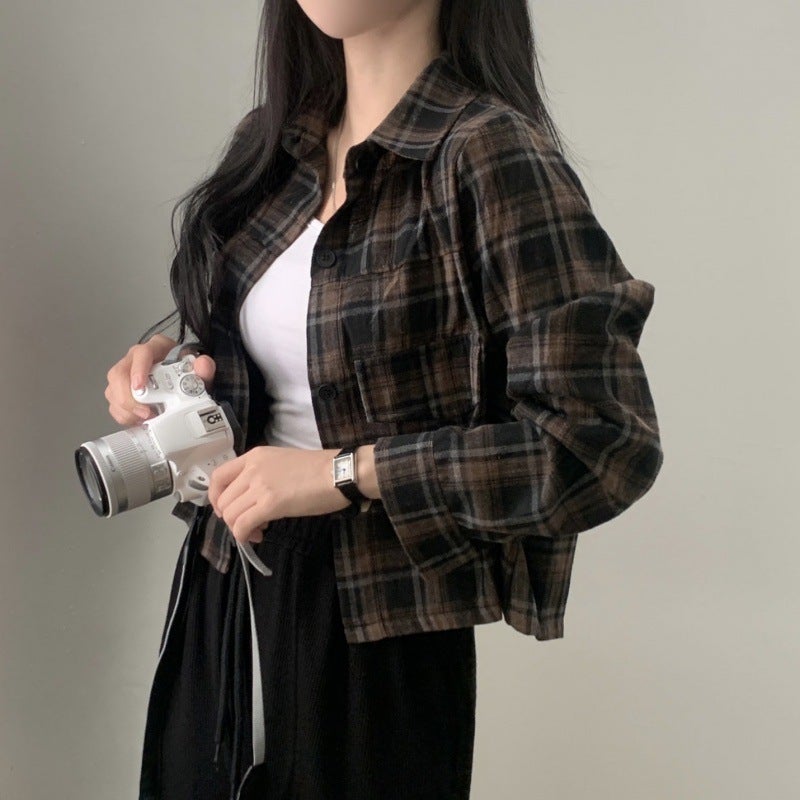 South Korea chic autumn French style retro long sleeve brushed plaid shirt Womens loose casual short shirt coat fashion Charcoal Gray - Image 1