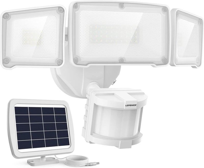 Le Power 1600LM LED Solar Security Lights Motion Outdoor, Motion Sensor Light, 5500K White Light, IP65 Waterproof Outdoor Flood Solar Light with 3 Adjustable Head for Yard, Garage（White） - Image 1