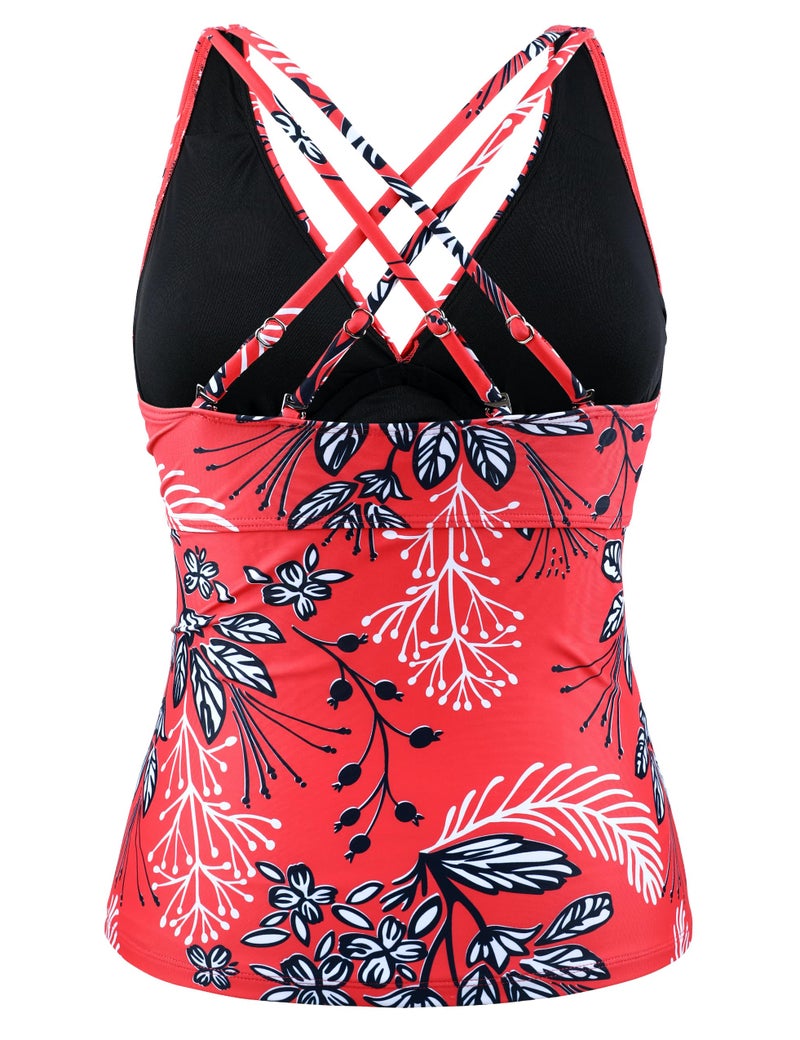 Hilor Women's Tankini Bathing Suit Strappy V Neck Tankini Top Swimsuit Slimming Tummy Control Swim Tops Only Red&White Floral 12 - Image 5