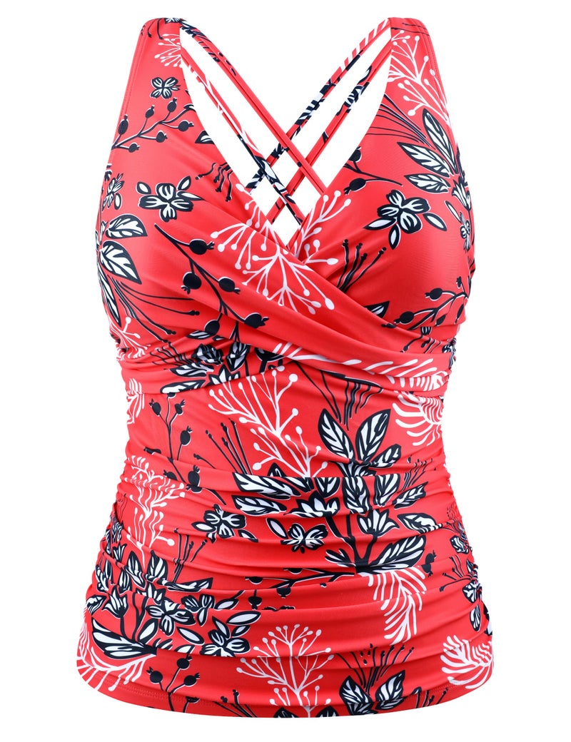 Hilor Women's Tankini Bathing Suit Strappy V Neck Tankini Top Swimsuit Slimming Tummy Control Swim Tops Only Red&White Floral 12 - Image 3