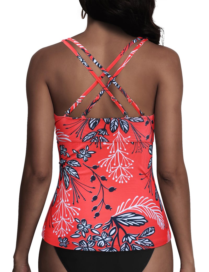 Hilor Women's Tankini Bathing Suit Strappy V Neck Tankini Top Swimsuit Slimming Tummy Control Swim Tops Only Red&White Floral 12 - Image 2