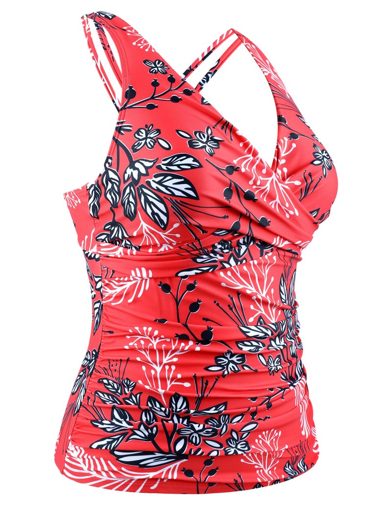 Hilor Women's Tankini Bathing Suit Strappy V Neck Tankini Top Swimsuit Slimming Tummy Control Swim Tops Only Red&White Floral 12 - Image 4