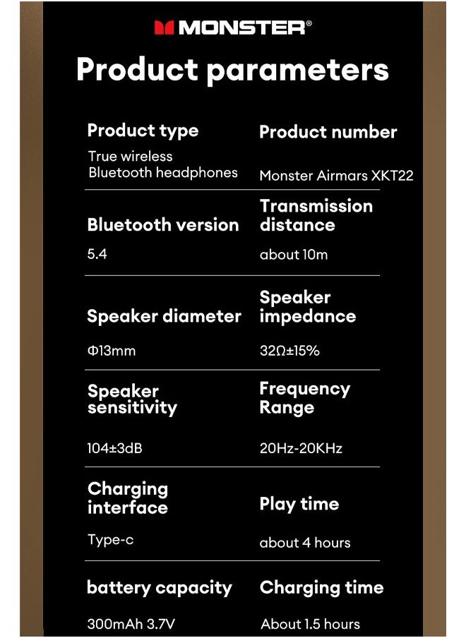 Monster - Monster XKT22 Wireless Bluetooth Earbuds Gaming Headphones Deep Bass Low Latency Game Headset with Built-in Microphone Noise Canceling - Image 1