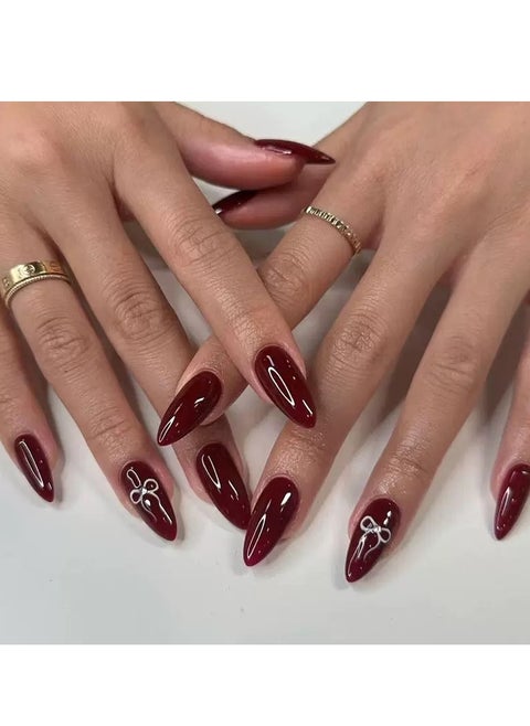 Press On Nails 24Pcs,Almond-shaped Burgundy False Nails With Elegant Bow Patterns,Medium Fake Acrylic Nails With Glue Kit