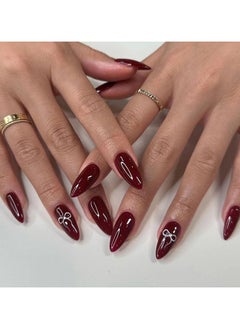 JOSQUEWNN Press On Nails 24Pcs,Almond-shaped Burgundy False Nails With Elegant Bow Patterns,Medium Fake Acrylic Nails With Glue Kit  - Image 1