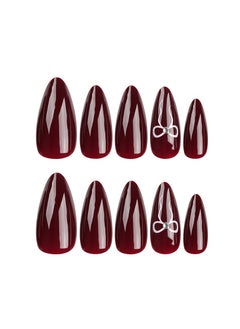 JOSQUEWNN Press On Nails 24Pcs,Almond-shaped Burgundy False Nails With Elegant Bow Patterns,Medium Fake Acrylic Nails With Glue Kit  - Image 3
