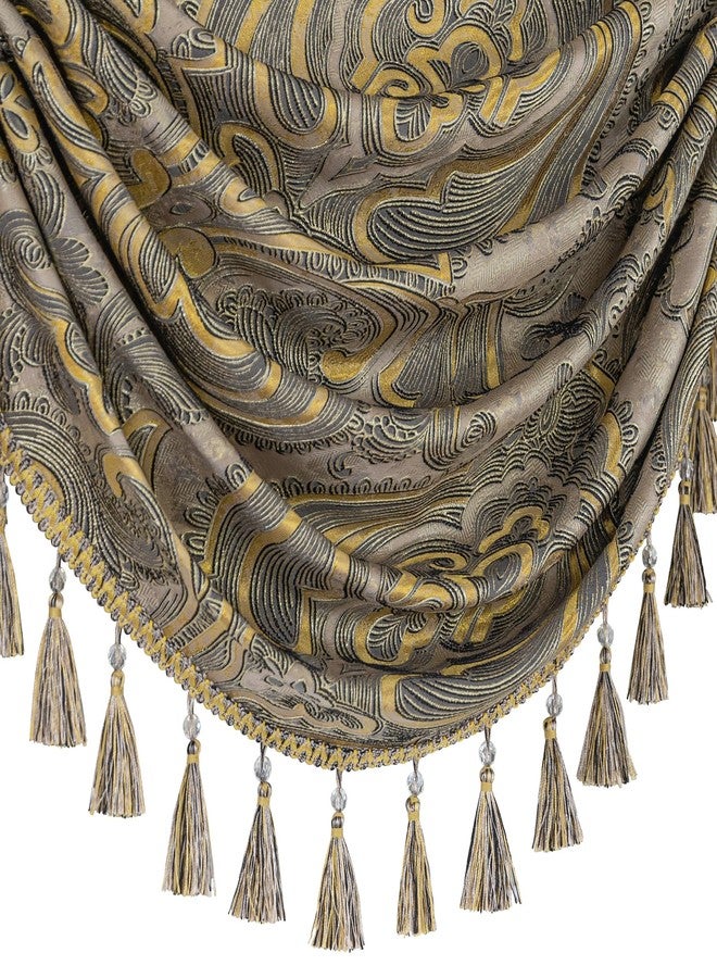 Loom and Mill European Antique Waterfall Valance for Living Room, Luxury Jacquard Damask Swag Valances with Tassels, Taupe Gold Swag Curtains for Bedroom Window Holiday Decor(W59 Inch,1 Panel) - Image 3