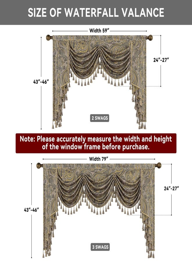 Loom and Mill European Antique Waterfall Valance for Living Room, Luxury Jacquard Damask Swag Valances with Tassels, Taupe Gold Swag Curtains for Bedroom Window Holiday Decor(W59 Inch,1 Panel) - Image 2