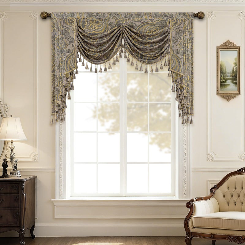 Loom and Mill European Antique Waterfall Valance for Living Room, Luxury Jacquard Damask Swag Valances with Tassels, Taupe Gold Swag Curtains for Bedroom Window Holiday Decor(W59 Inch,1 Panel) - Image 1