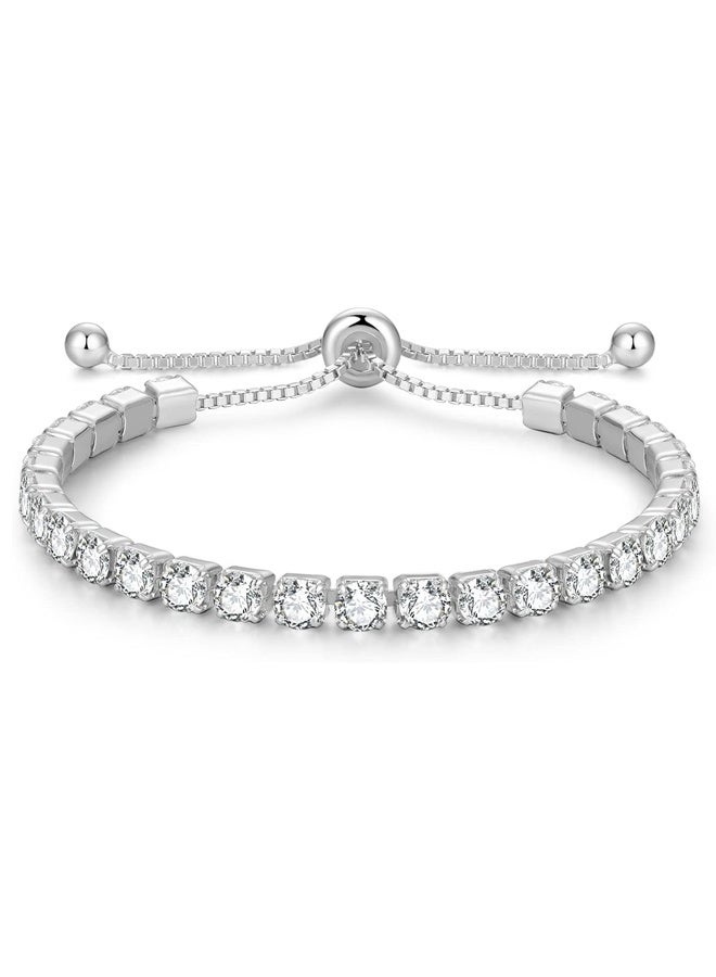 Birthstone Bracelet for Women, Silver Tennis Bracelets with Cubic Zirconia Adjustable Slider Bracelet Graduation - Image 1