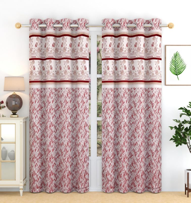 Exporthub Jute Curtains for Door 7 Feet Long Set of 2 Maroon Flowers Heavy Quality Jute Jacquard Curtains EHSPR979_74 - Image 1