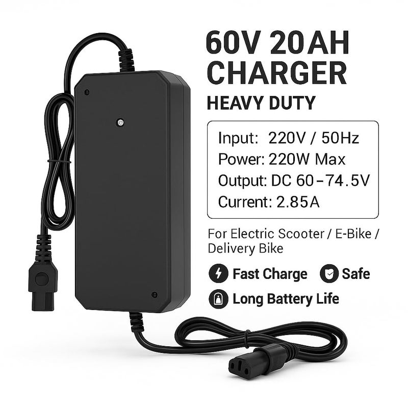 FUKUKAWA® 60V 20Ah Electric Scooter Charger | 220V 50Hz 220W Max DC 60–74.5V 2.85A | Fast & Safe Smart Battery Charger for E-Scooters and Delivery E-Bikes - Image 5