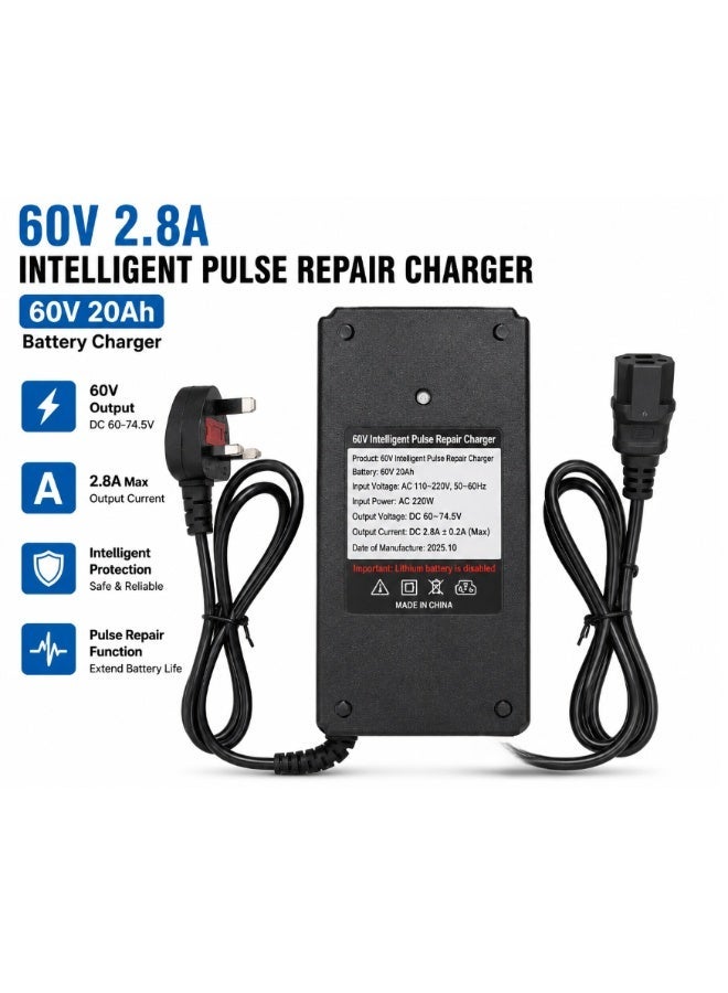 FUKUKAWA® شاحن بطارية 60V 2.8A للسكوترات والدراجات الكهربائية | قدرة قصوى 220W، خرج DC 60–74.5V | شاحن ذكي لإصلاح البطارية بتقنية النبض لبطارية 60V 20Ah | دخل AC 110–220V، 50–60Hz | حماية ذكية وآمنة - Image 1