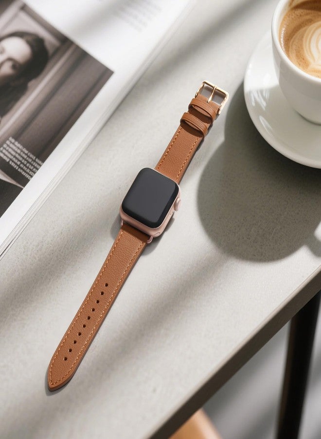 Bestig أشرطة جلدية Bestig متوافقة مع ساعة آبل 38mm 40mm 41mm 42mm (السلسلة 10 11) للنساء والرجال، حزام معصم لساعة iWatch SE3/2/1 والسلسلة 9 8 7 6 5 4 3 2 1 (بني + وردي ذهبي) - Image 4