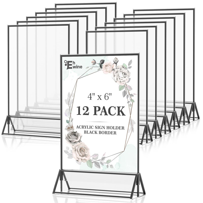 EHWINE 12 Pack Acrylic Sign Holder 4 x 6, Double Sided Black Picture Frame Stand up Table Top Sign Holders, Clear Display Stand Menu Flyer Holder for Wedding Party - Image 1
