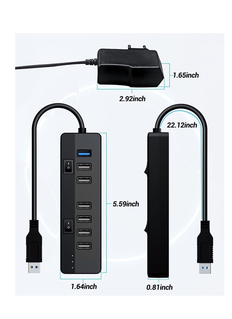 Generic - USB 3.0 Hub Powered With 10W Power Adapter，1 Port USB 3.0+ 6 Port USB 2.0 Data Hub Portable USB Splitter with Individual On/Off Switches for Mouse, Keyboard, Hard Drive and More USB Devices - Image 1