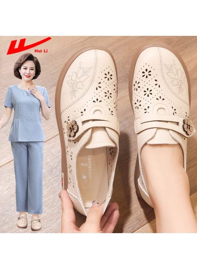 Pull Back Huili Mom Shoes, Single Shoes, Summer Leather Shoes, Comfortable Soft Sole, Middle-aged And Elderly Women, Hollow Anti-slip Sandals, 0125 Beige, Size 38 - Image 1