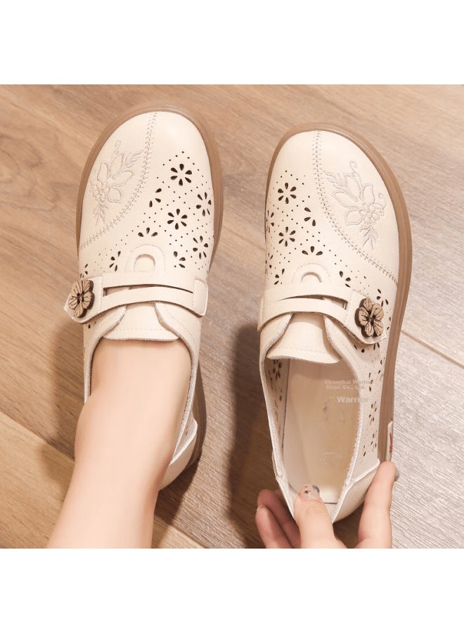 Pull Back Huili Mom Shoes, Single Shoes, Summer Leather Shoes, Comfortable Soft Sole, Middle-aged And Elderly Women, Hollow Anti-slip Sandals, 0125 Beige, Size 38 - Image 2