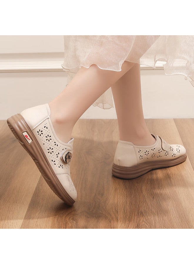 Pull Back Huili Mom Shoes, Single Shoes, Summer Leather Shoes, Comfortable Soft Sole, Middle-aged And Elderly Women, Hollow Anti-slip Sandals, 0125 Beige, Size 38 - Image 5