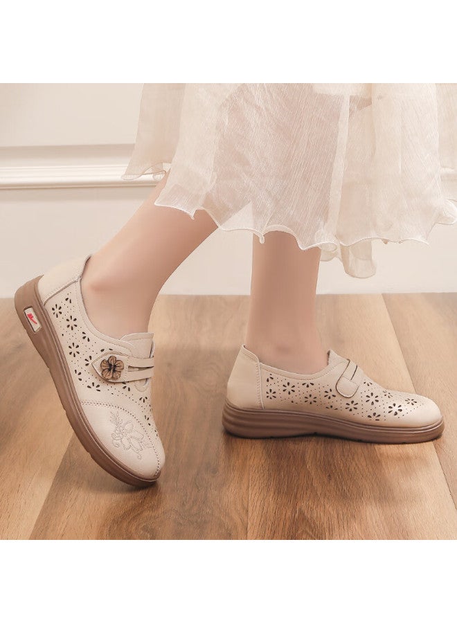 Pull Back Huili Mom Shoes, Single Shoes, Summer Leather Shoes, Comfortable Soft Sole, Middle-aged And Elderly Women, Hollow Anti-slip Sandals, 0125 Beige, Size 38 - Image 4