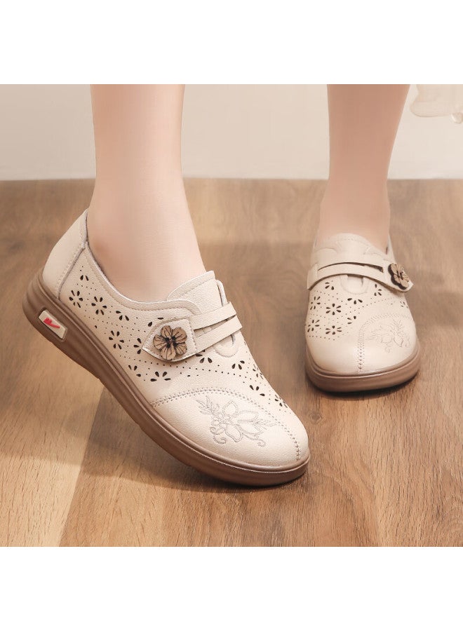Pull Back Huili Mom Shoes, Single Shoes, Summer Leather Shoes, Comfortable Soft Sole, Middle-aged And Elderly Women, Hollow Anti-slip Sandals, 0125 Beige, Size 38 - Image 3