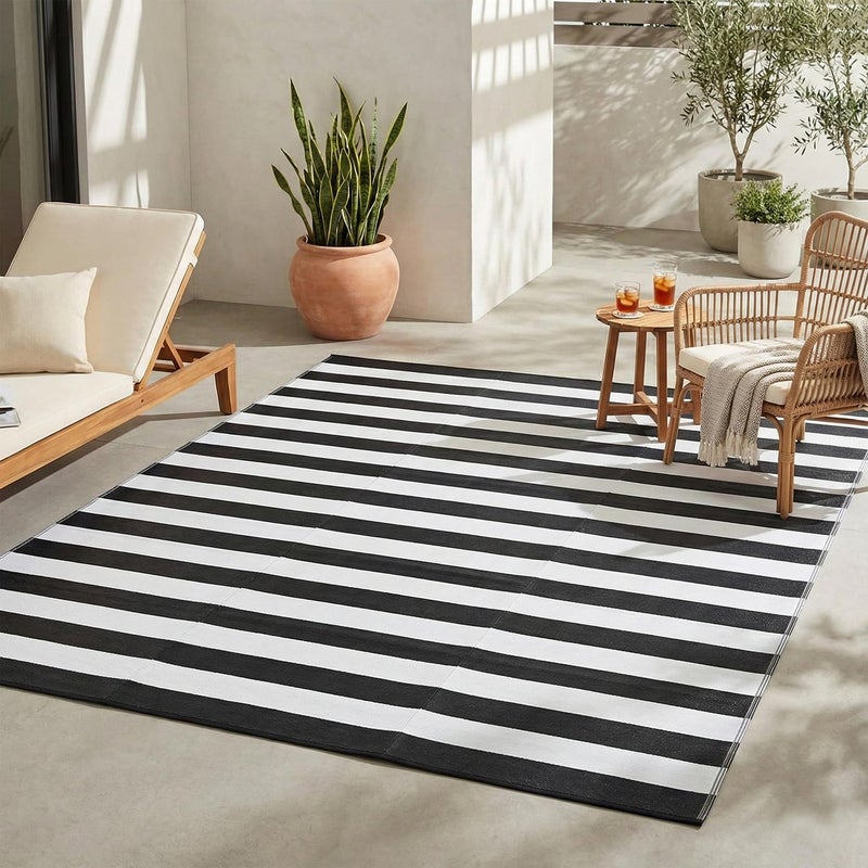 FH Home Outdoor Camping Rug Waterproof Fade Resistant Reversible Premium Recycled Plastic Striped Large Patio Deck Sunroom RV Brittany Stripe Black White 9 x 12 ft Foldable