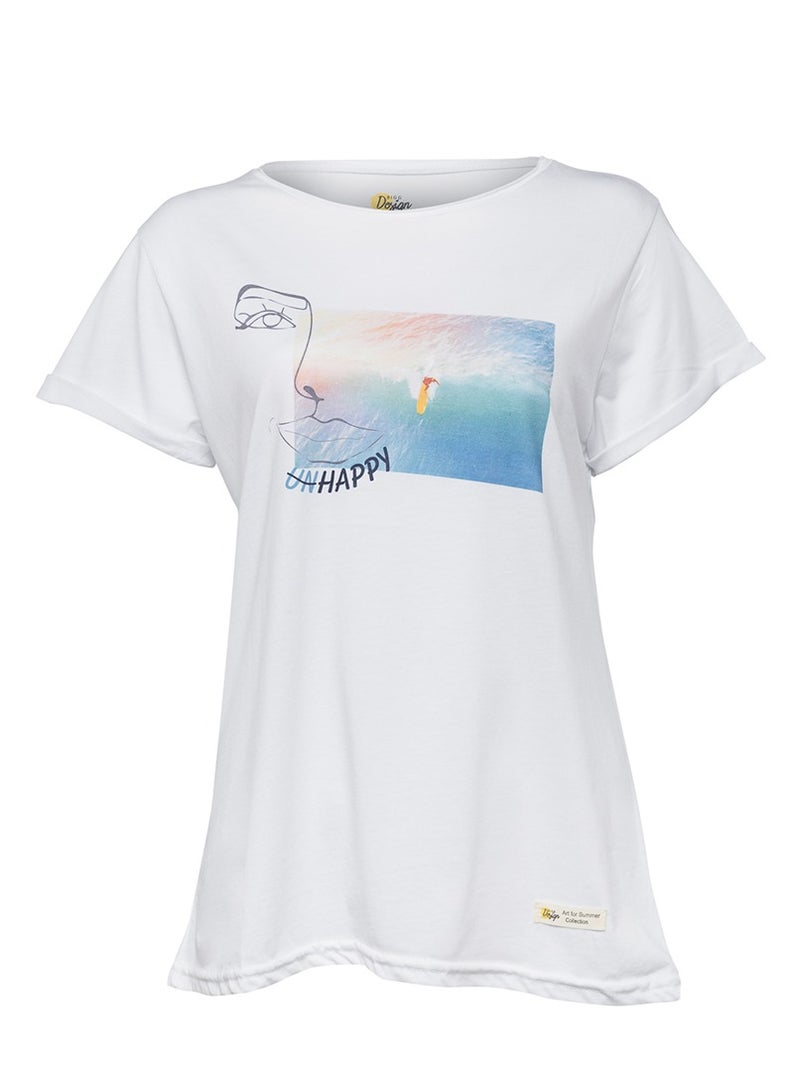 Biggdesign تي شيرت نسائي سعيد من فيسز، مادة قطنية، تصميم مخصص، تي شيرت أبيض، مقاس L - Image 5