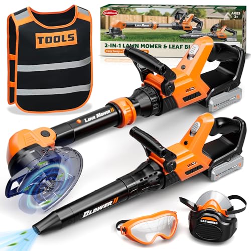 KidBloom Kids Gardening Tools Set with Vest 2in1 Kids Lawn Mower Kids Leaf Blower with Lights Sounds Toy Weed Wacker with Goggles Mask Outdoor Pretend Play Toys Birthday Gifts for Boys 3 - Image 1
