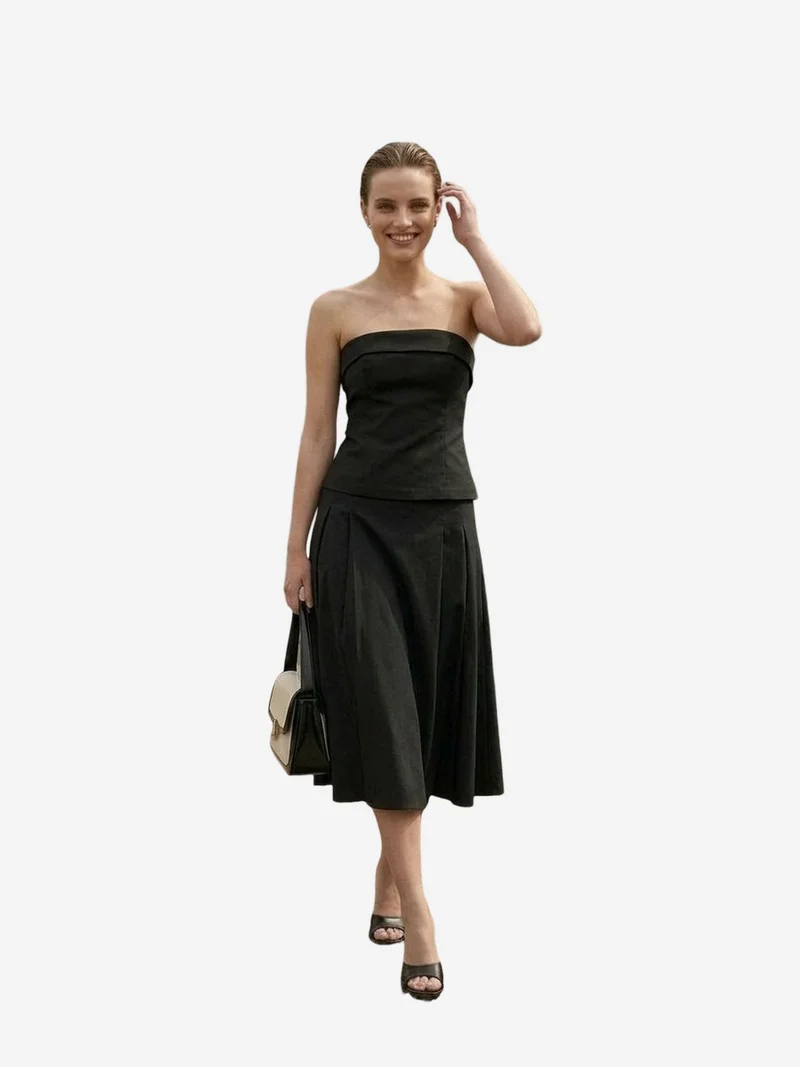 My Fashion Black MY FASHION Strapless Blouse and High-Waist Midi Skirt Set for Women | Best Price UAE