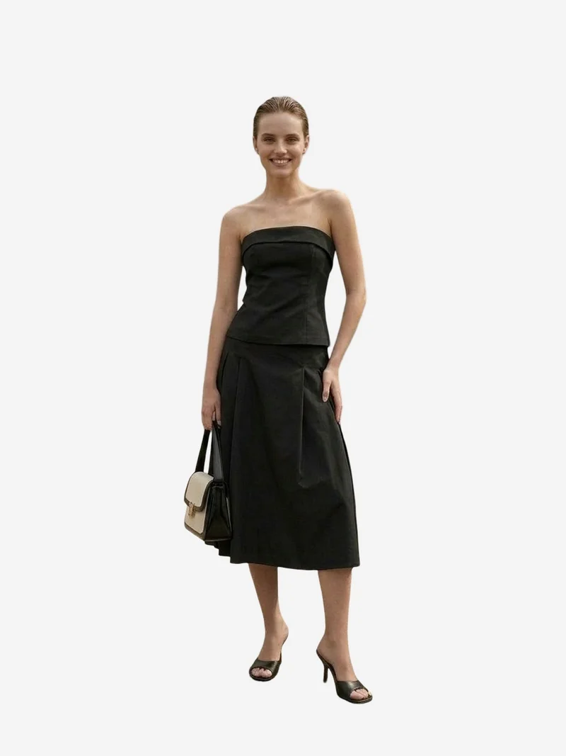 My Fashion Black MY FASHION Strapless Blouse and High-Waist Midi Skirt Set for Women | Best Price UAE