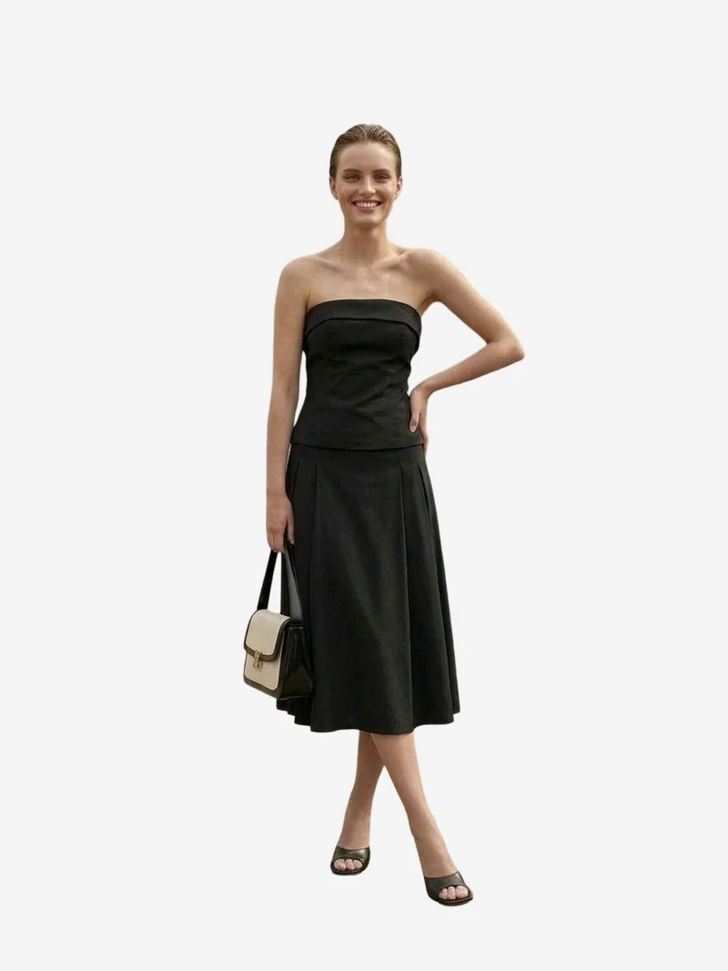 ماي فاشن MY FASHION Strapless Blouse and High-Waist Midi Skirt Set