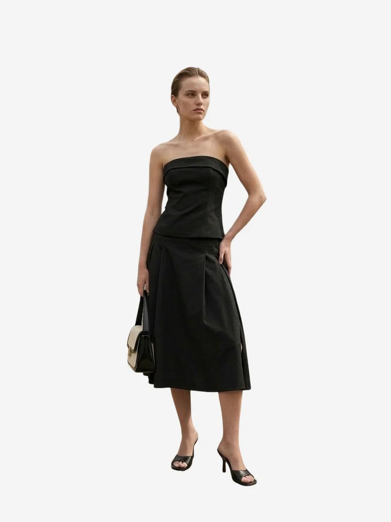 ماي فاشن MY FASHION Strapless Blouse and High-Waist Midi Skirt Set