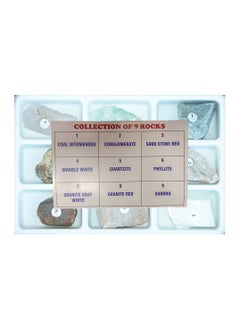 King Mariot Collection of 9 Mineral Rocks | Includes Coal Bituminous, Conglomerate, Sandstone Red, Marble White, Quartzite, Phyllite, Granite Gray White, Granite Red, Gabbro | With 10X Folding Magnifier  - Image 1