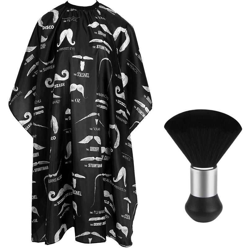 FEBSNOW Professional Hair Cutting Barber Cape with Neck Duster Brush Beard Print Barber Cape for Barber Shop Hair Cutting Accessories