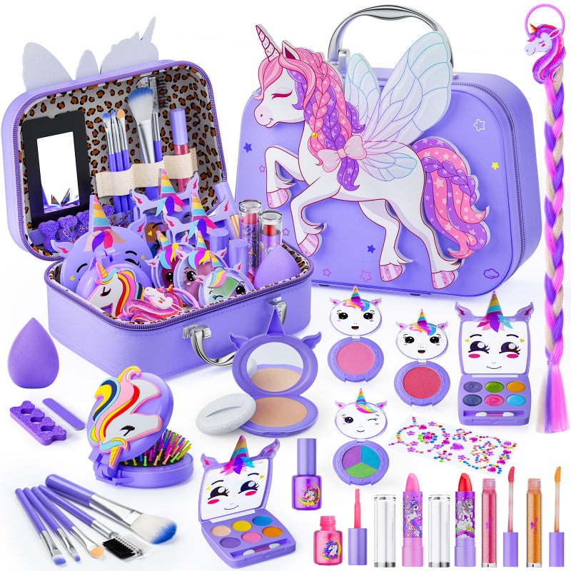 Beayuck Kids Makeup Kit for Girls Girls Makeup Kit Toys Real Washable Cosmetic Set with Storage Case Kids Play Makeup Set for Christmas Birthday Gift 3 4 5 6 8 10 11 12 Years Old Purple - Image 2
