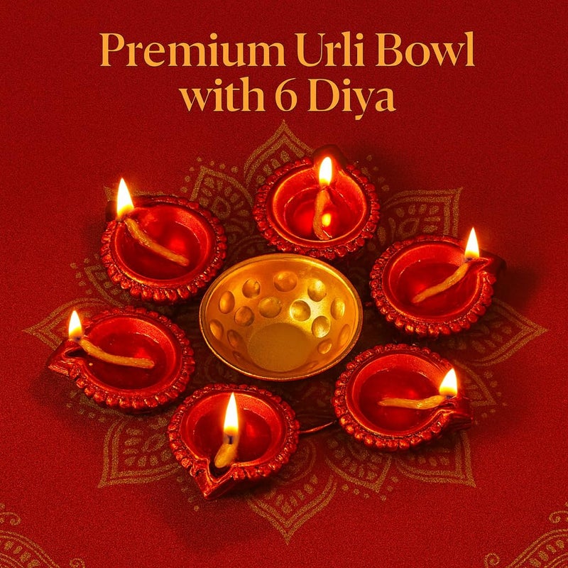 S Decor Premium Urli Bowl with 6 Diya for Festive Decor | Elegant Home Decor & Diwali Decoration for Home | Mandir Decoration Items for Pooja Festival & Diwali Decor Items (Maroon Urli Bowl) - Image 2